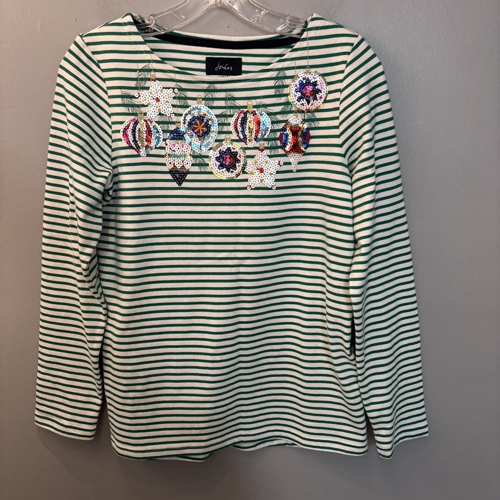 Joules Harbour Luxe Top Women's Sz 4 Christmas Ornaments Green Stripe Sequined